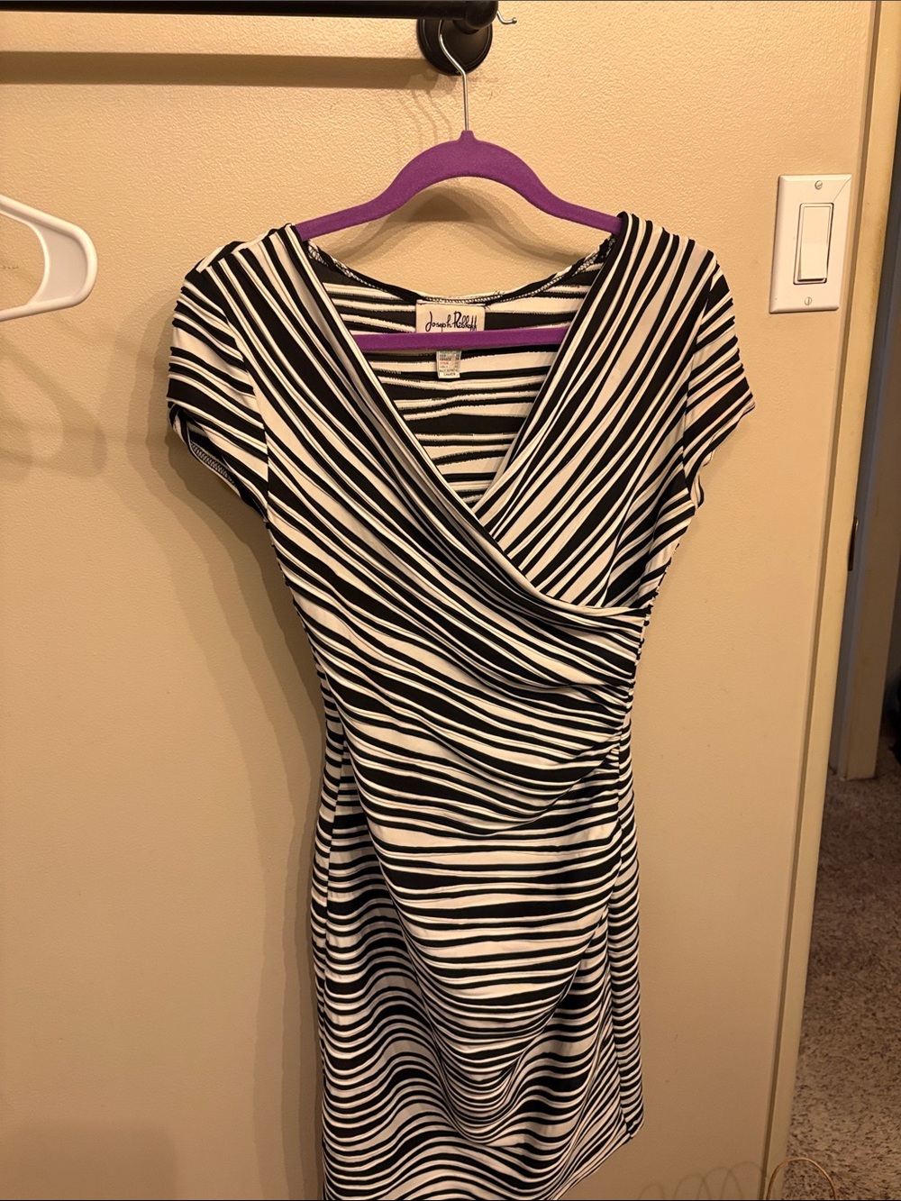 Joseph Ribkoff Black and White Striped Faux-Wrap Dress
